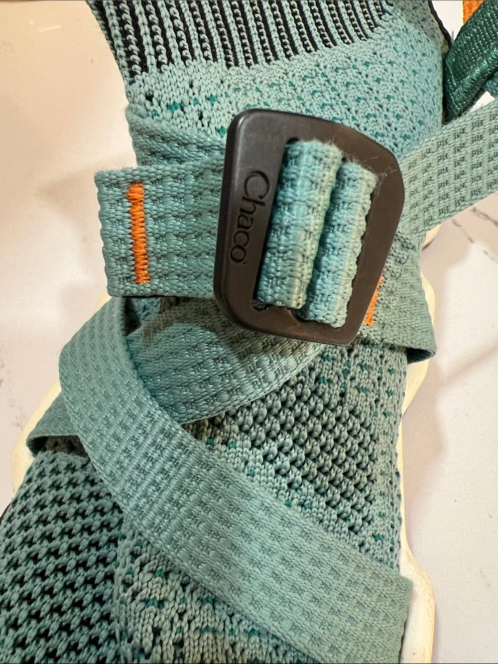 Chaco Teal Knit Strap Sneakers with Orange Heel Accent size W7